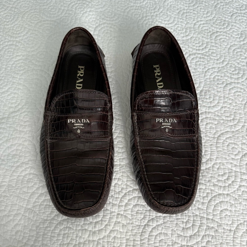 Prada Men's Dark Brown Croc-Embossed Loafers